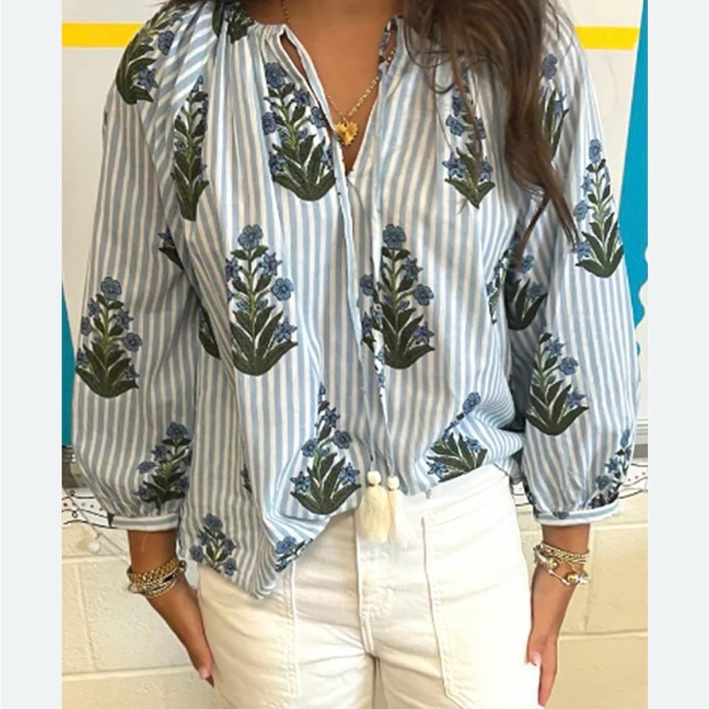THML Blue and White Striped Floral Tie-Front Blouse